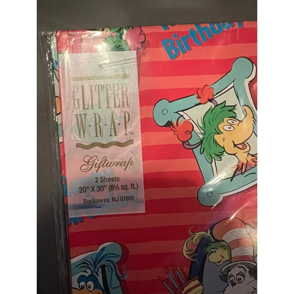 Vintage Glitter Wrap Sealed Dr. Seuss Cat‎ in the Hat Happy Birthday Gift Wrap